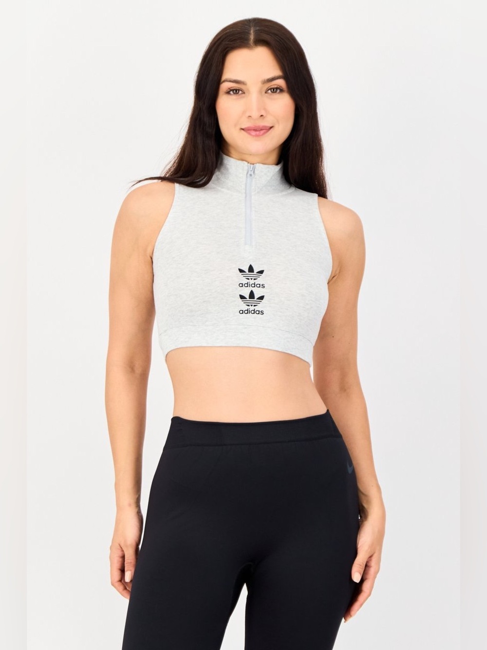 NWT Adidas Light Heather Gray Sleeveless Zip-Front Crop Top Tank